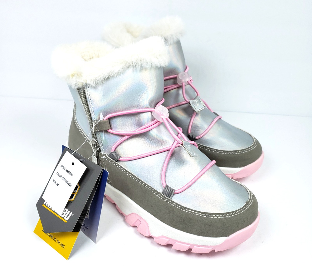 Khombu Anatone Girls Size 3Y Silver Pink Faux Fur Lined Warm Winter Boots